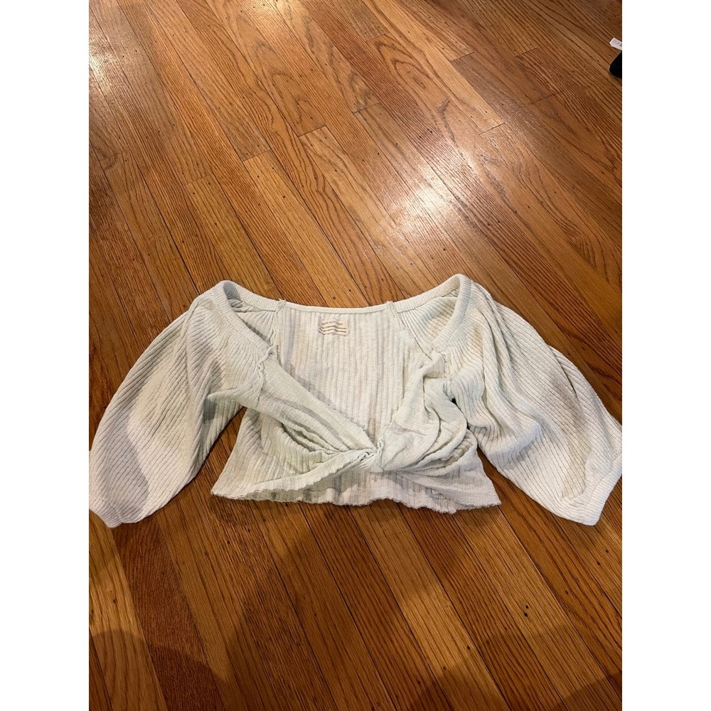 Urban Outfitters Ribbed Twist Front Puff Sleeve Crop Top Cream Off Shoulder M
